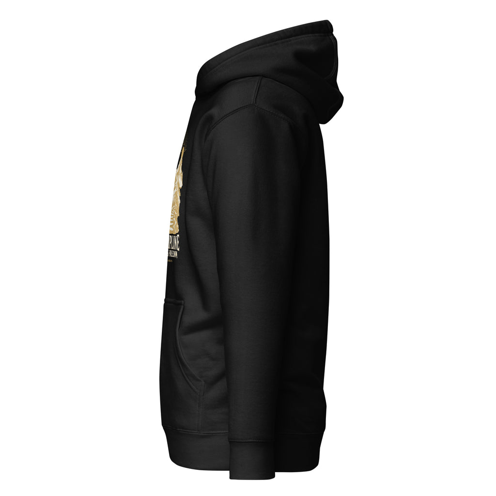 Discipline Builds Freedom Premium Hoodie in black, left-side view with gold and ivory Journey artwork.