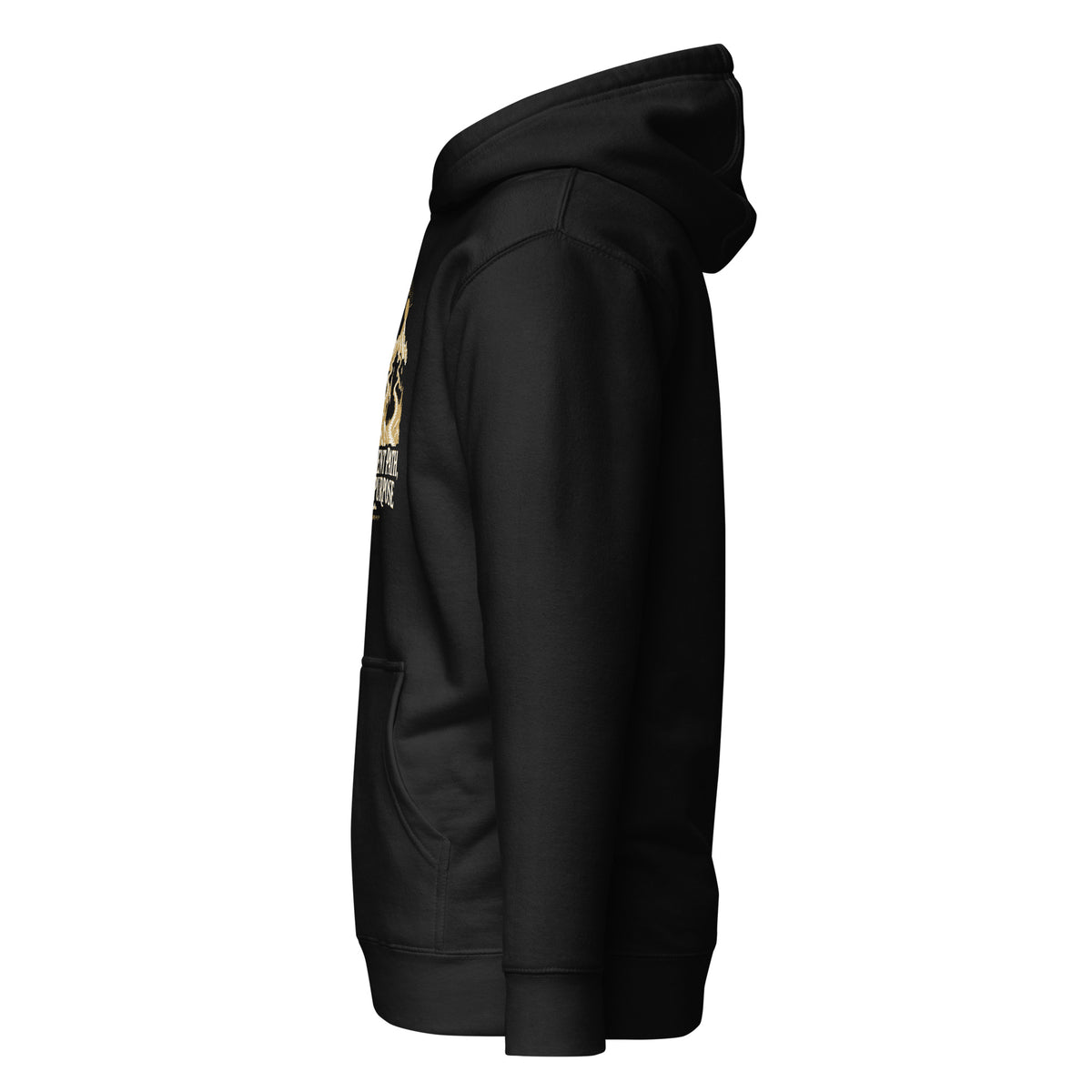 Different Path, Same Purpose Premium Hoodie in black, left-side view with gold and ivory Journey artwork.