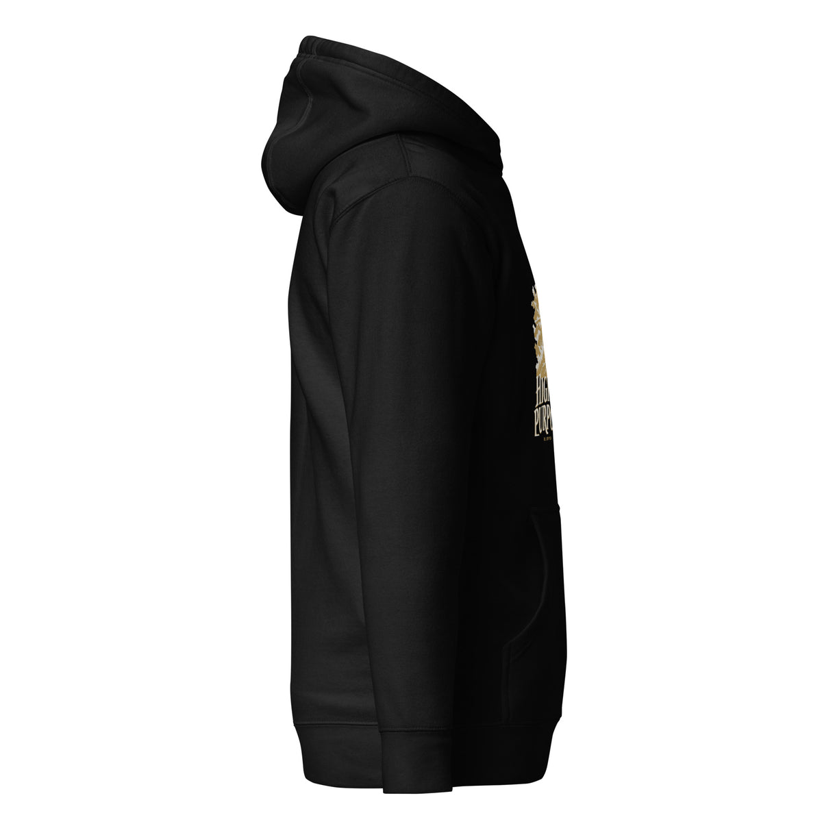 Higher Purpose Premium Hoodie in black, right-side view with gold and ivory Journey artwork.