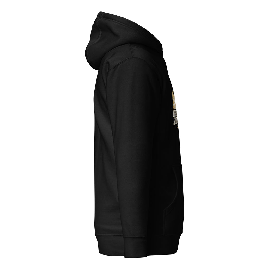 Different Path, Same Purpose Premium Hoodie in black, right-side view with gold and ivory Journey artwork.
